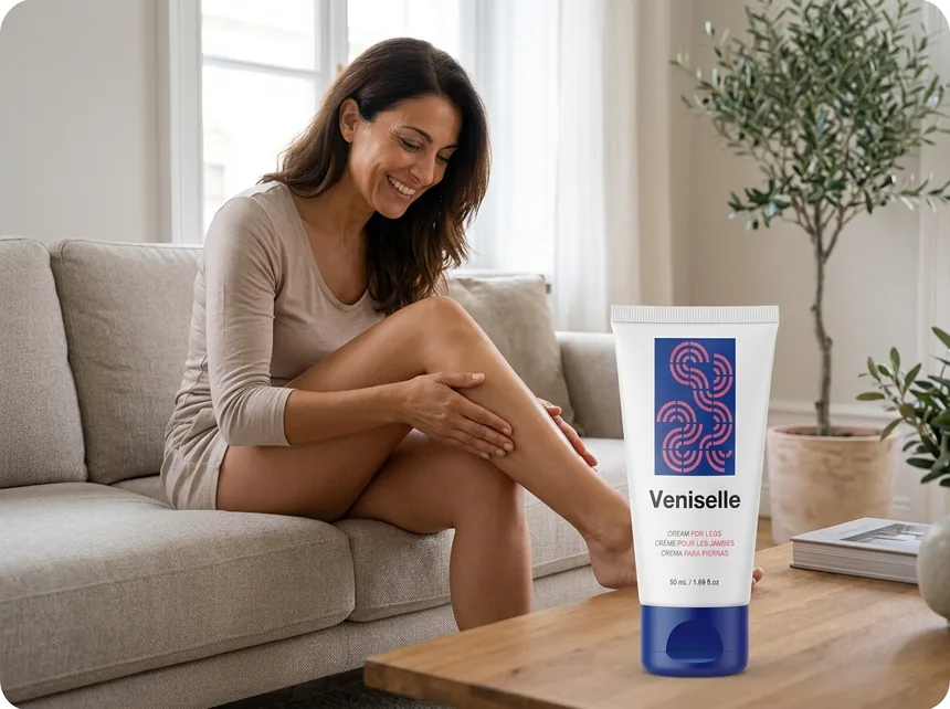 Woman sitting on a bed, massaging her calf — tired heavy legs