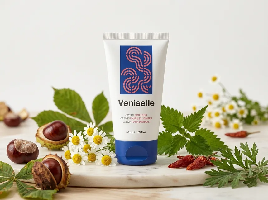 Veniselle cream applied to legs with fresh mint leaves in the background