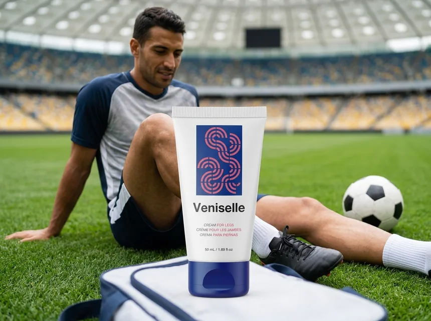 Veniselle cream and sports bottle on a gym bench after training session